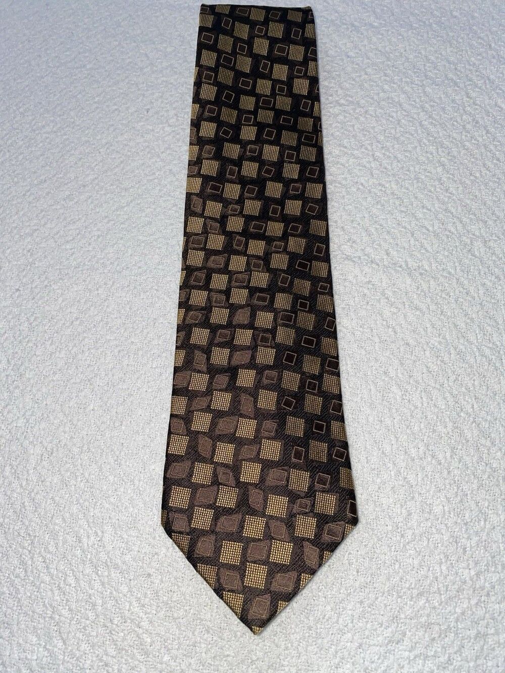 Ermenegildo Zegna Silk Tie Brown Gold Geometric Square Pattern Made in Italy